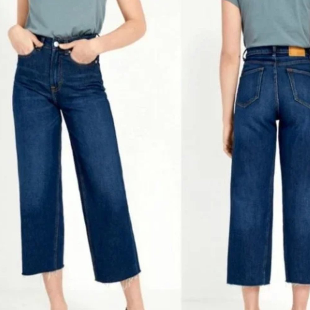 frank & oak nina cropped wide leg dark wash womens jeans - raw hem - size 30